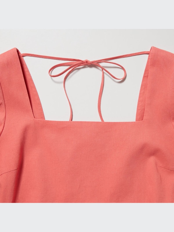 WOMEN LINEN BLEND VOLUME SLEEVE SHIRRING DRESS