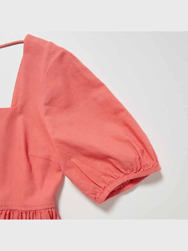 WOMEN LINEN BLEND VOLUME SLEEVE SHIRRING DRESS