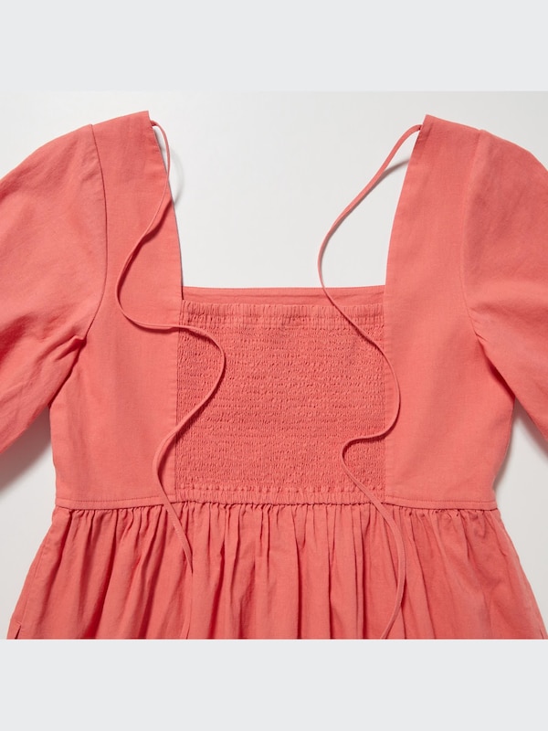 WOMEN LINEN BLEND VOLUME SLEEVE SHIRRING DRESS