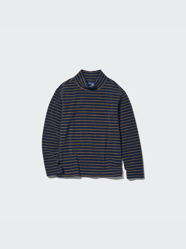 Ribbed Fleece Striped High Neck Long-Sleeve T-Shirt