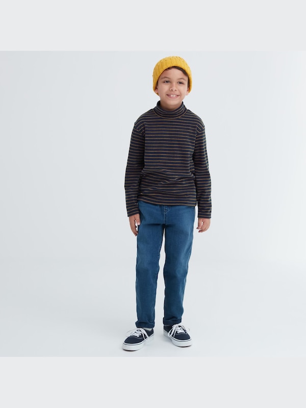 Ribbed Fleece Striped High Neck Long-Sleeve T-Shirt