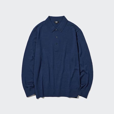 100% Extra Fine Merino Knitted Long Sleeved Polo Shirt
