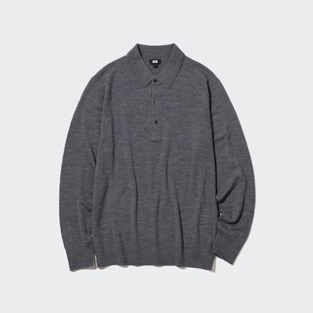 100% Extra Fine Merino Knitted Long Sleeved Polo Shirt | UNIQLO