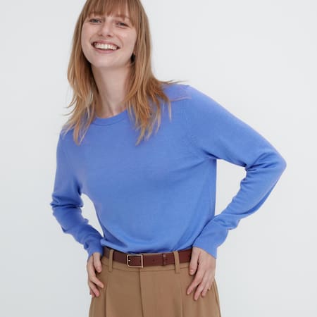 Jersey de lana merino con manga corta azul mujer