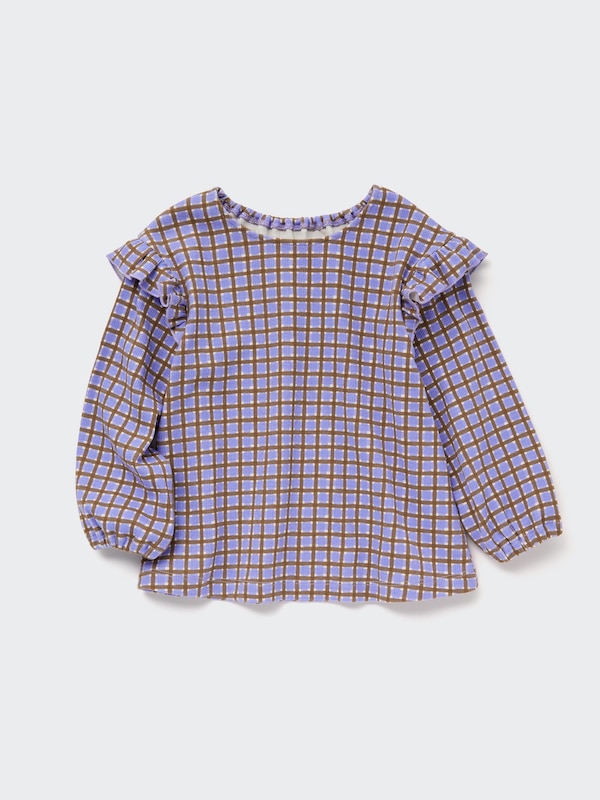 Ribbed Frill Crew Neck Long-Sleeve T-Shirt (Check)