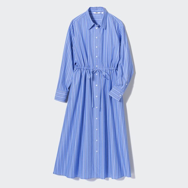 Striped Cotton Long-Sleeve Long Shirt Dress | UNIQLO US