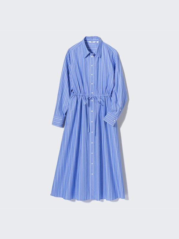 Striped Cotton Long-Sleeve Long Shirt Dress