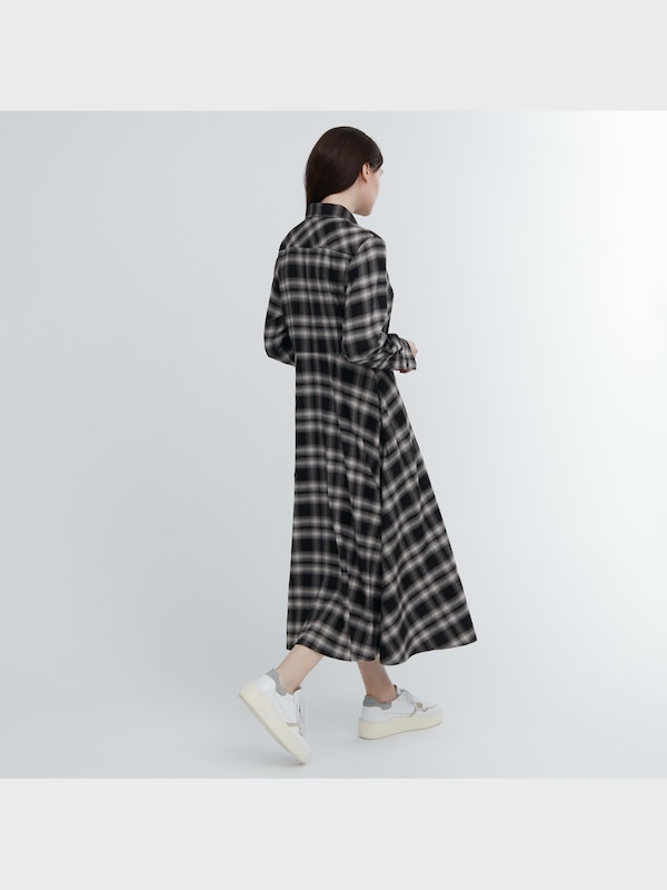 Soft Brushed Checked Long-Sleeve Shirt Dress