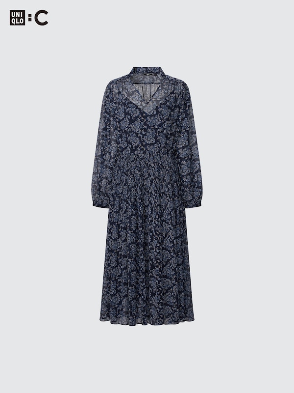 Chiffon Pleated Long-Sleeve Dress