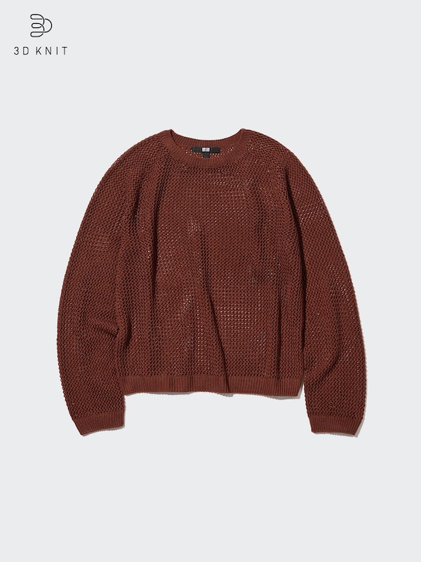 3D KNIT MESH LONG SLEEVE CREW NECK SWEATER