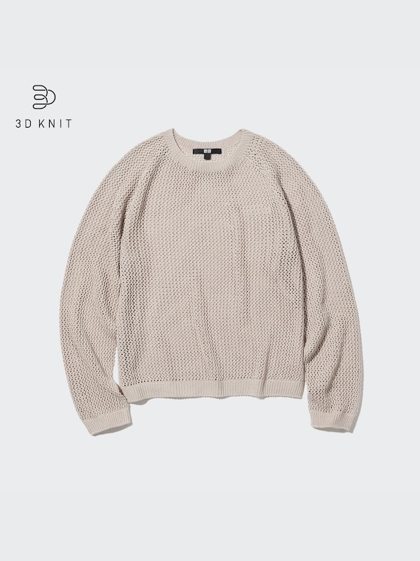 3D Knit Mesh Long-Sleeve Crew Neck Sweater
