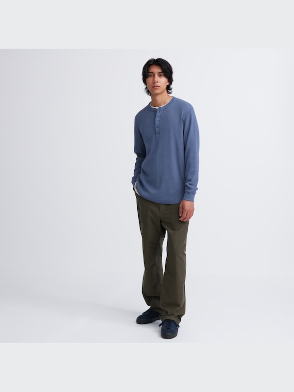 WAFFLE HENLEY NECK LONG SLEEVE T-SHIRT