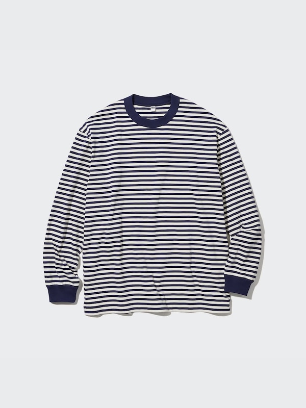 Washed Cotton Striped Crew Neck Long-Sleeve T-Shirt (Oversized)