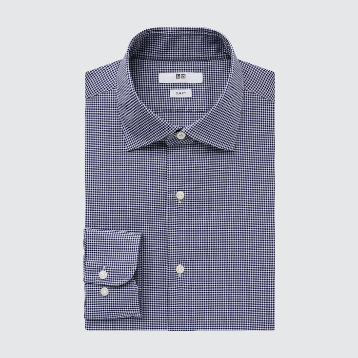 Uniqlo Algodón Camisa Fácil Cuidado Slim Fit Cuadros - Azul Marino - S