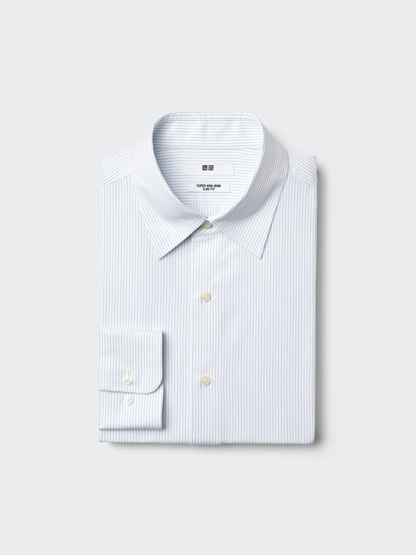 Мужская приталенная рубашка Uniqlo Super Non-Iron, обычный воротник, в полоску, цвет: Синий — фото 1