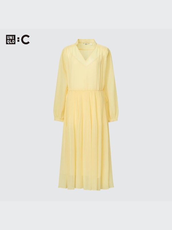 Chiffon Pleated Long-Sleeve Dress