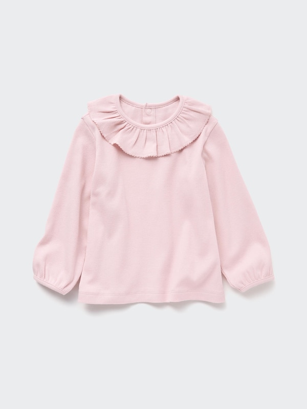 Ribbed Frill Crew Neck Long-Sleeve T-Shirt