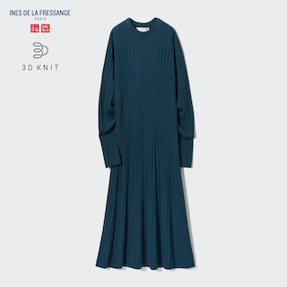 3D Knit Ribbed Crew Neck Long-Sleeve Dress (Ines de la Fressange)