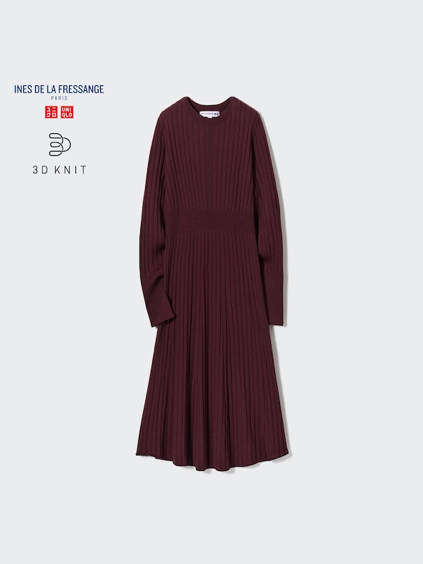 3D Knit Ribbed Crew Neck Long-Sleeve Dress