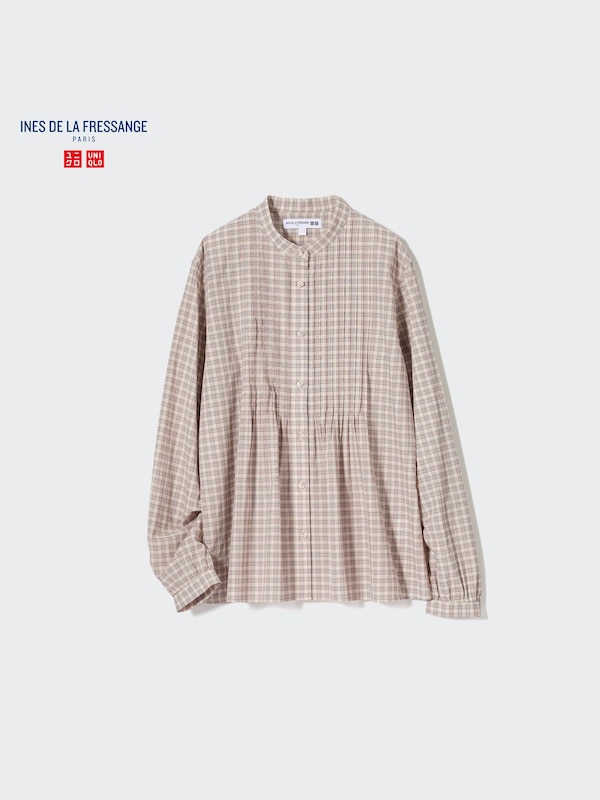 Pintuck Plaid Long-Sleeve Blouse