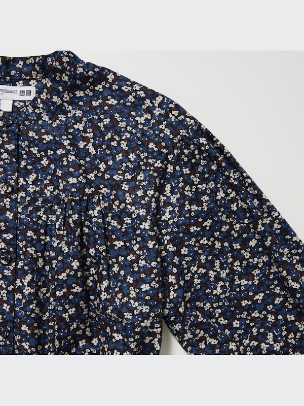 Cotton Twill Printed Volume Sleeve Long Dress