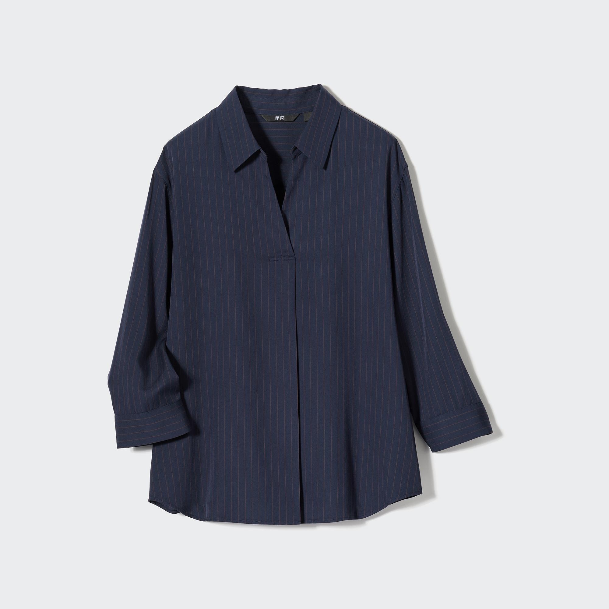 Rayon Striped Skipper Collar 3/4 Sleeved Blouse | UNIQLO UK