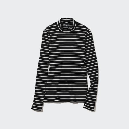 Ribbed Striped High Neck Long Sleeved T-Shirt