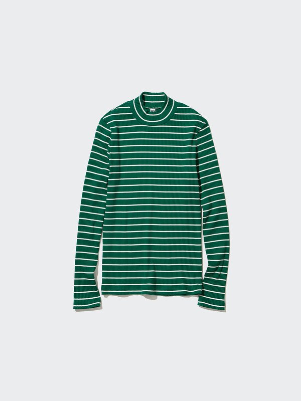 RIBBED HIGH NECK LONG SLEEVE STRIPED T-SHIRT