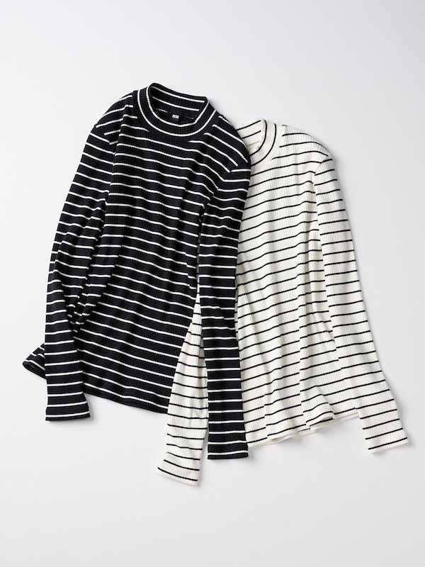 Ribbed Striped High Neck Long-Sleeve T-Shirt
