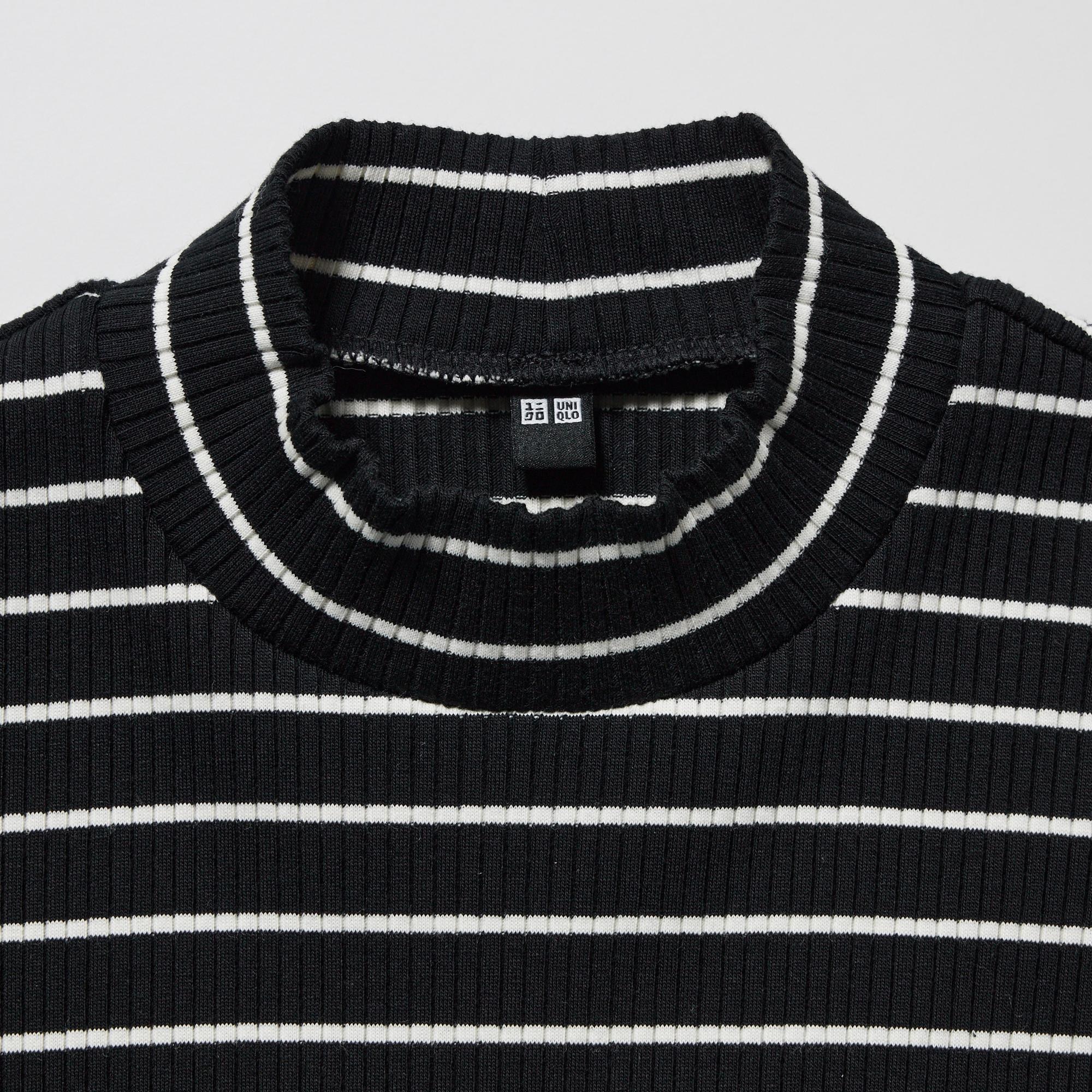 RIBBED HIGH NECK LONG SLEEVE STRIPED T-SHIRT