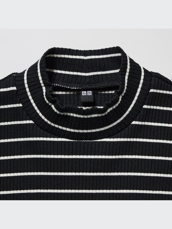 Ribbed Striped High Neck Long-Sleeve T-Shirt