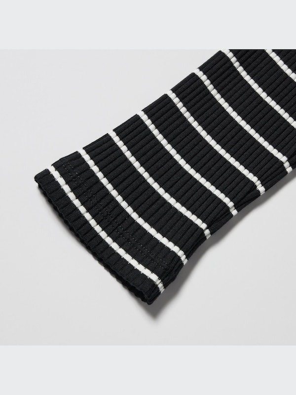 Ribbed Striped High Neck Long-Sleeve T-Shirt