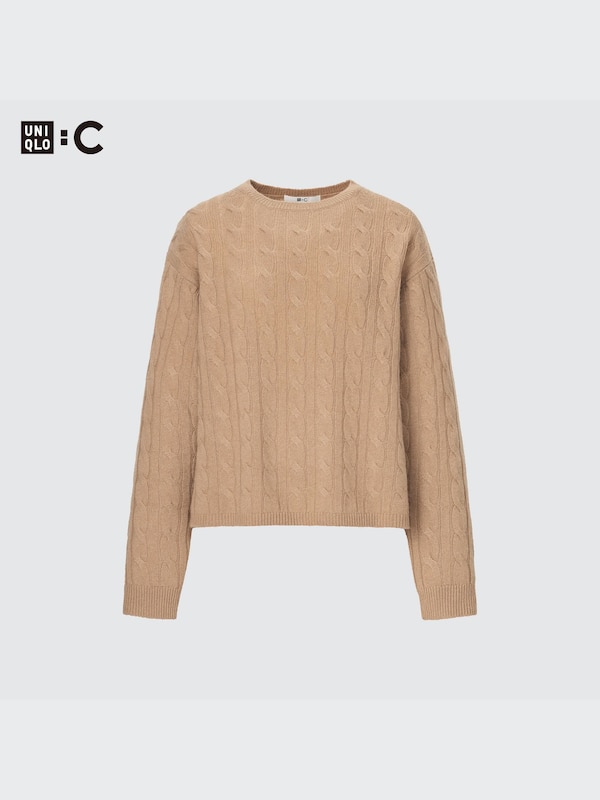 Cashmere Cable Crew Neck Long-Sleeve Short Sweater
