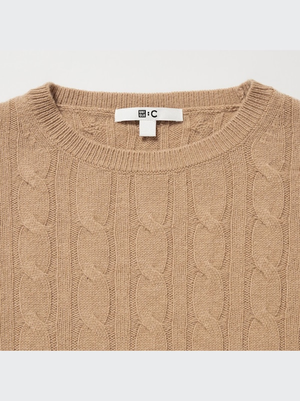 Cashmere Cable Crew Neck Long-Sleeve Short Sweater