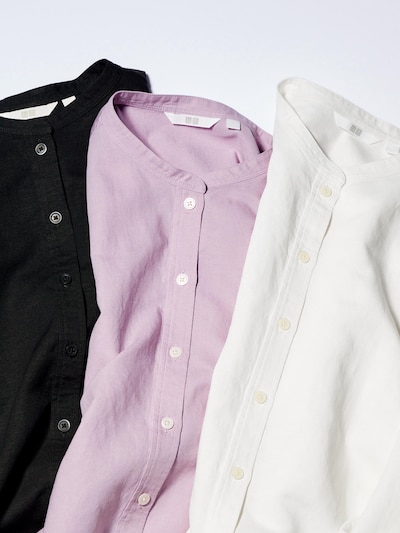 Linen Blend Band Collar 3/4-Sleeve Shirt