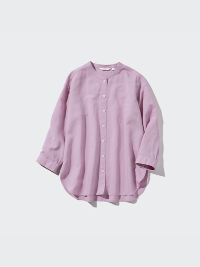 Linen Blend Band Collar 3/4-Sleeve Shirt