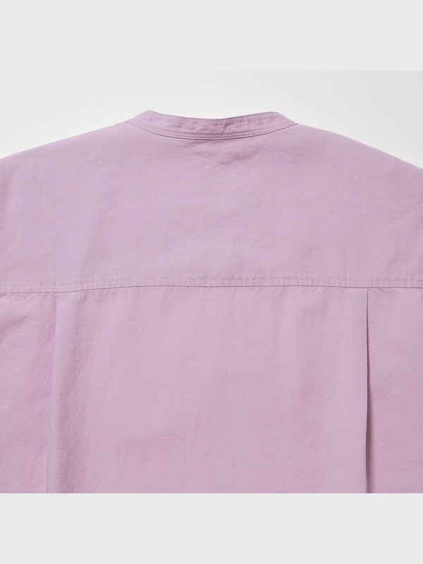 Linen Blend Band Collar 3/4-Sleeve Shirt