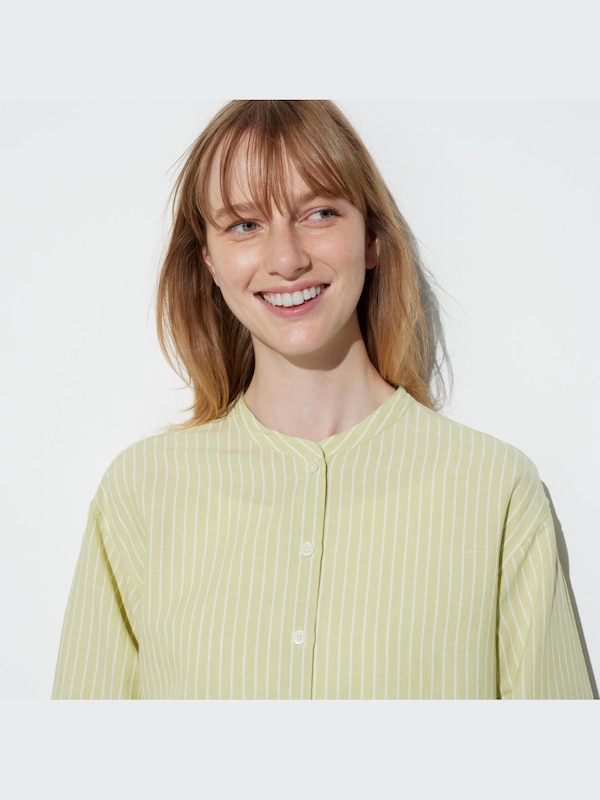 Linen Blend Band Collar Striped 3/4-Sleeve Shirt
