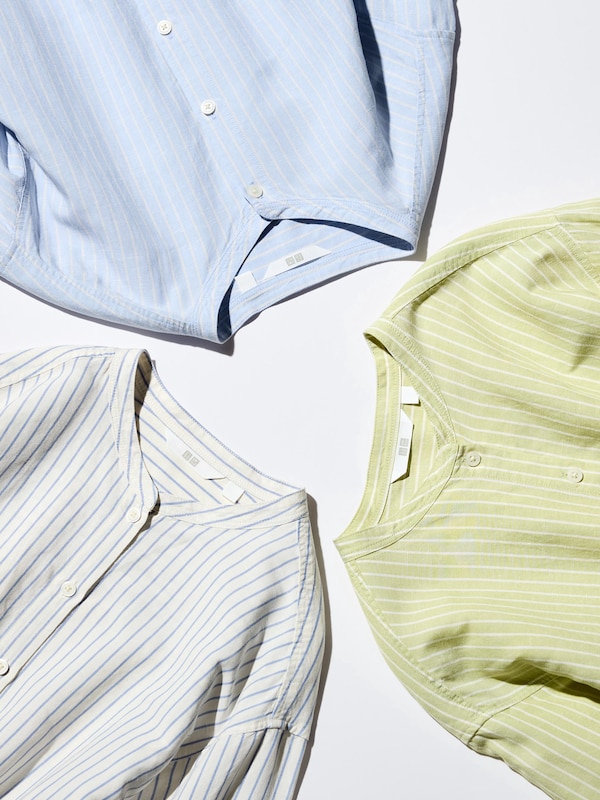 Linen Blend Band Collar Striped 3/4-Sleeve Shirt
