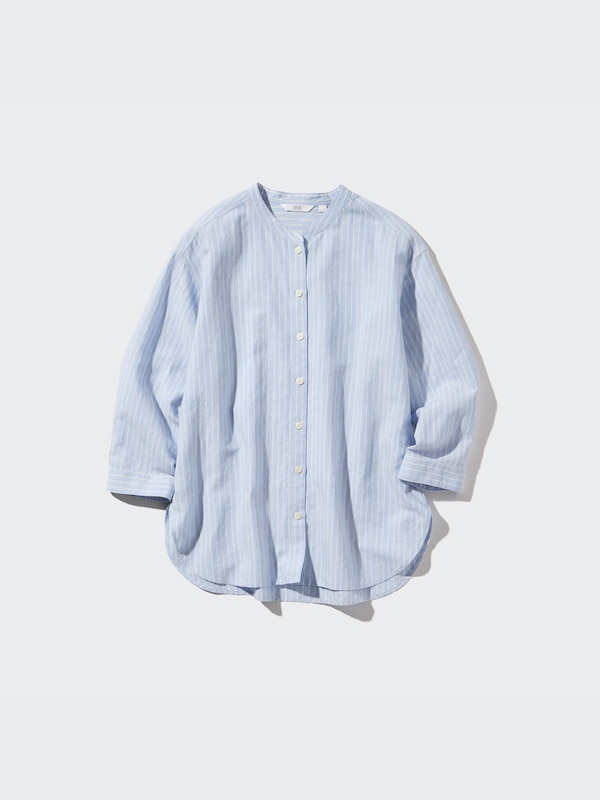 Linen Blend Band Collar Striped 3/4-Sleeve Shirt