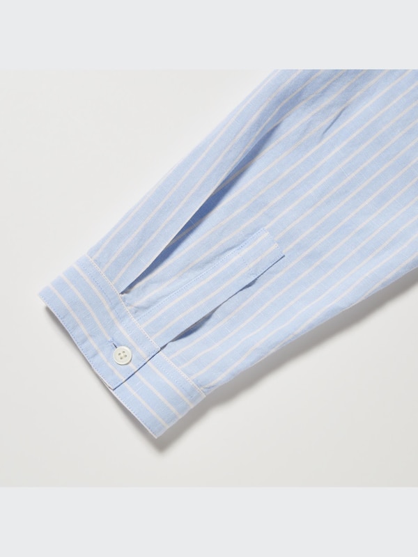 Linen Blend Band Collar Striped 3/4-Sleeve Shirt