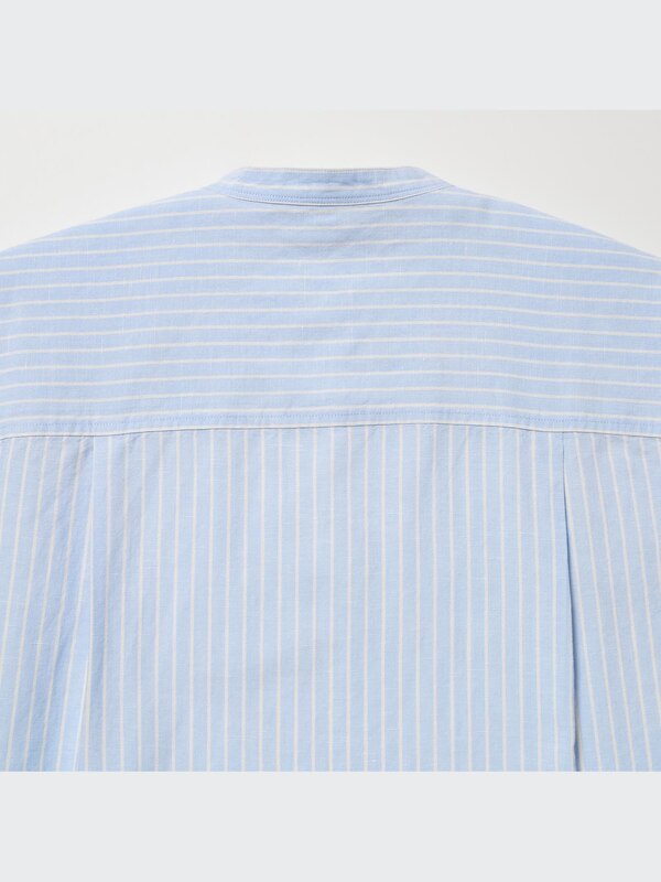 Linen Blend Band Collar Striped 3/4-Sleeve Shirt
