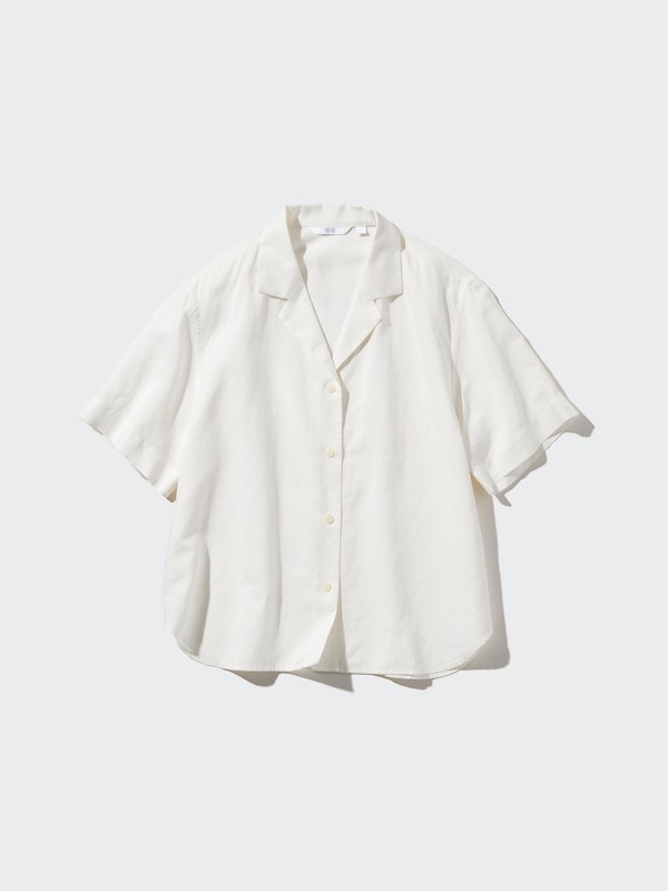 Linen Blend Open Collar Short Sleeve Shirt