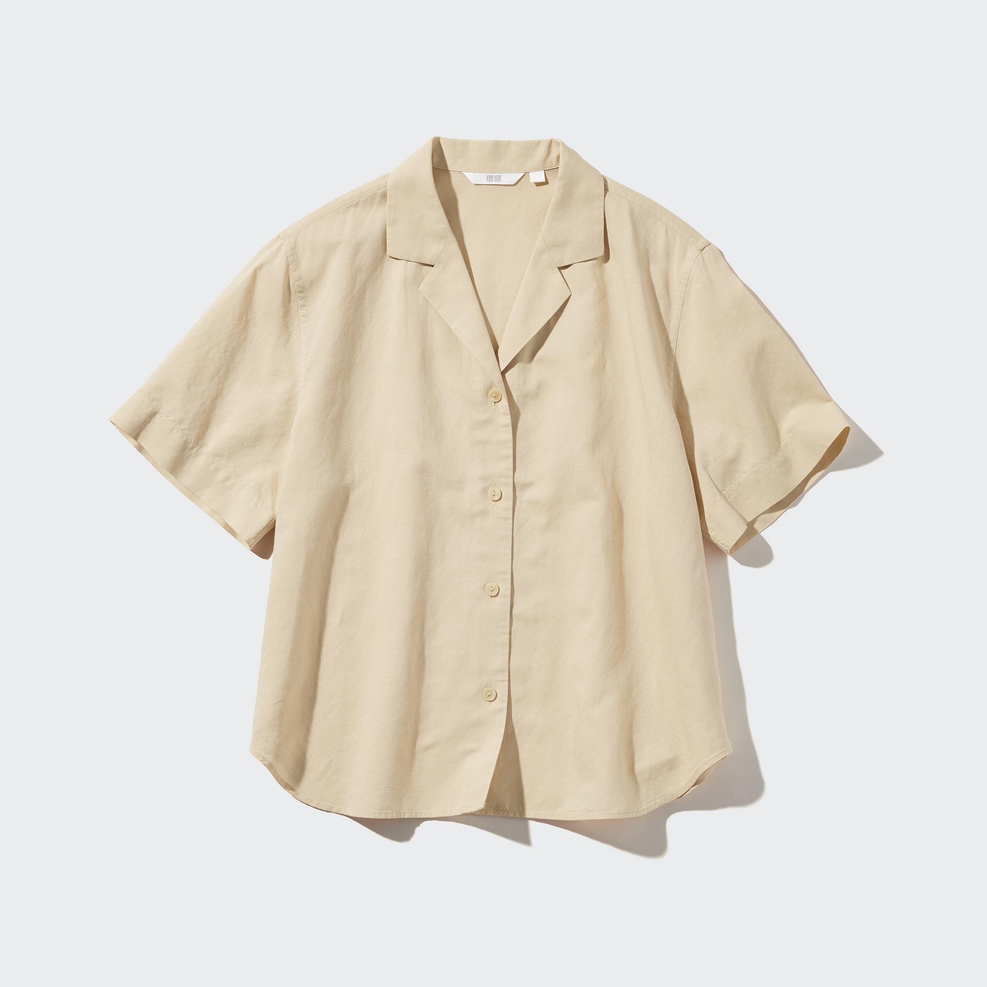 Linen Blend Open Collar Short-Sleeve Shirt