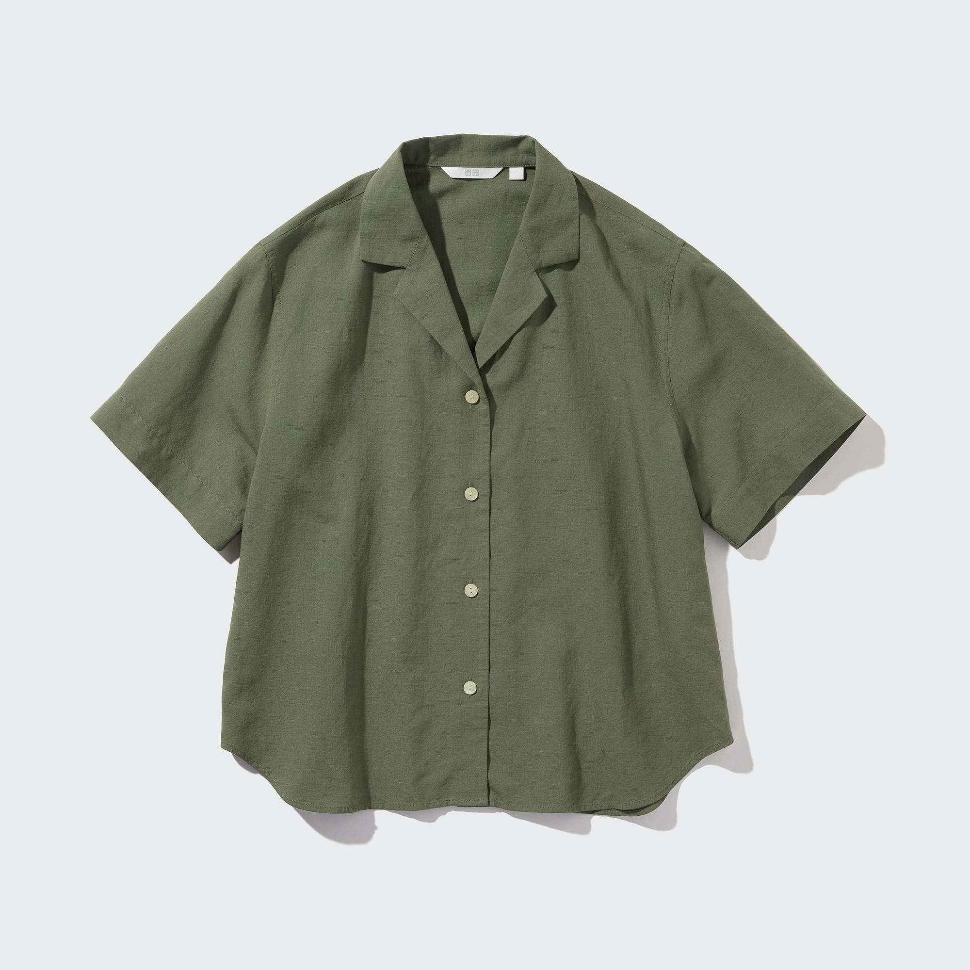 LINEN BLEND OPEN COLLAR SHORT SLEEVE SHIRT