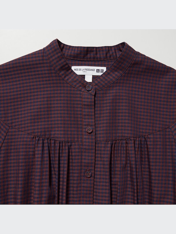 Cotton Twill Checked Volume Sleeve Long Dress