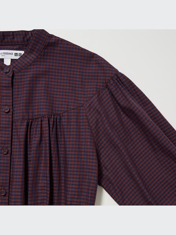 Cotton Twill Checked Volume Sleeve Long Dress