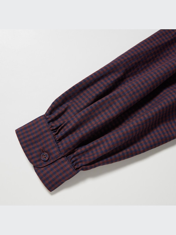 Cotton Twill Checked Volume Sleeve Long Dress