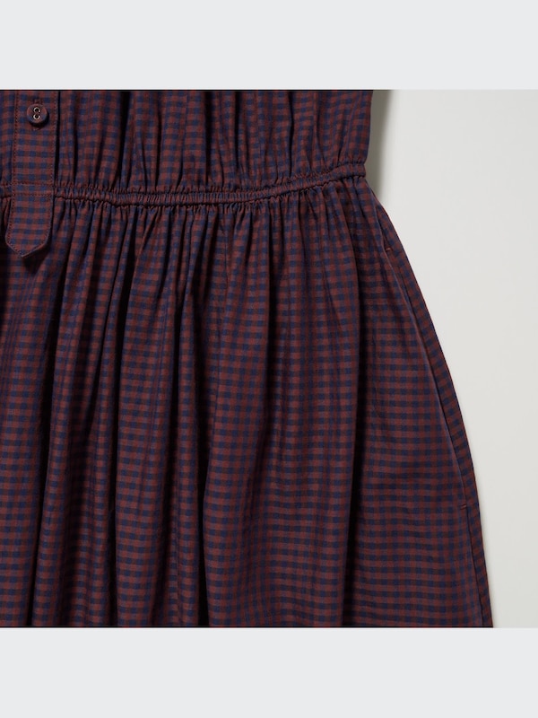 Cotton Twill Checked Volume Sleeve Long Dress