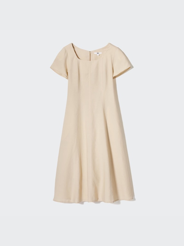Linen Blend Square Neck Short-Sleeve Dress